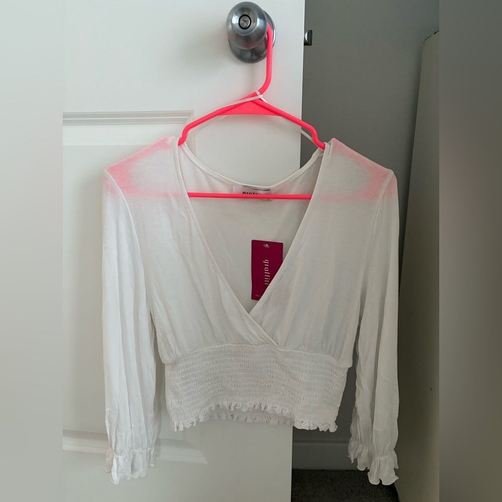 🌺 Graffiti White Crop Blouse with Smocked Detail